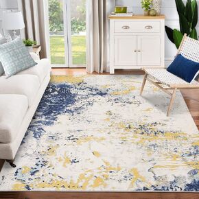 Abstract Modern Area Rug, 8x10 Washable Foldable Soft Rugs with Non-Slip Backing, Non-Shedding Floor Mat, Stain Resistant Carpet for Living Room Bedroom Dining Room Office, Yellow Blue