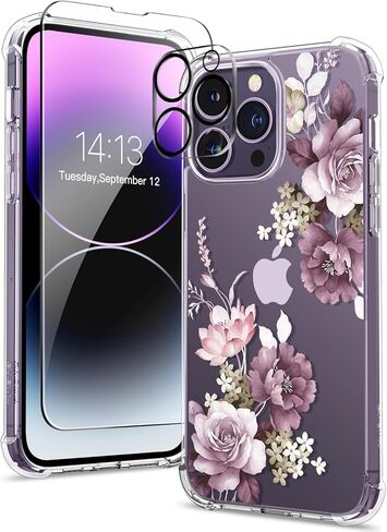حافظة GVIEWIN لهاتف iPhone 14 Pro مع واقي شاشة وواقي عدسة الكاميرا، غطاء هاتف نسائي صلب مقاوم للصدمات من مادة TPU + غطاء هاتف نسائي ممتص للصدمات لهاتف 14 Pro، 6.1 بوصة (أزهار الكرز/أرجواني) in Kuwait