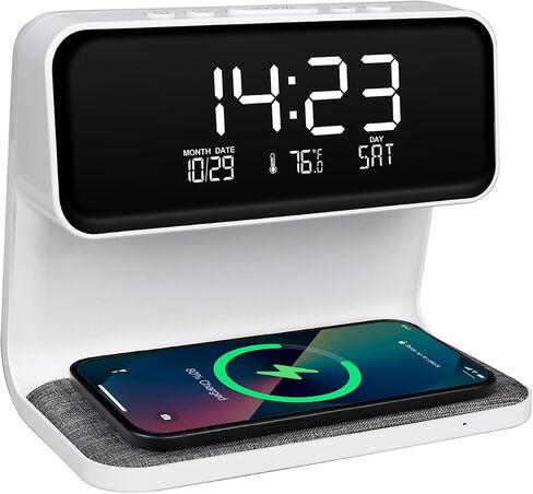 Wireless Charging Alarm Clock 15W Max for Heavy Sleepers Digital Clock with Date and Temperature Night Light Desk Clock with Phone Charger Electronic LED Display for Office Bedroom Livingroom in Saudi Arabia