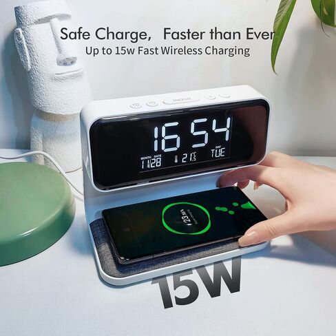 Wireless Charging Alarm Clock 15W Max for Heavy Sleepers Digital Clock with Date and Temperature Night Light Desk Clock with Phone Charger Electronic LED Display for Office Bedroom Livingroom in Saudi Arabia