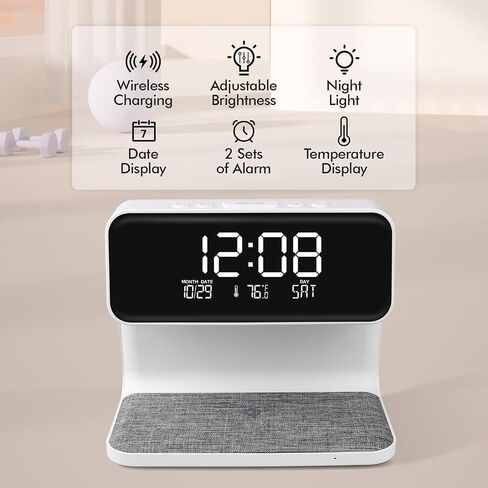 Wireless Charging Alarm Clock 15W Max for Heavy Sleepers Digital Clock with Date and Temperature Night Light Desk Clock with Phone Charger Electronic LED Display for Office Bedroom Livingroom in Saudi Arabia