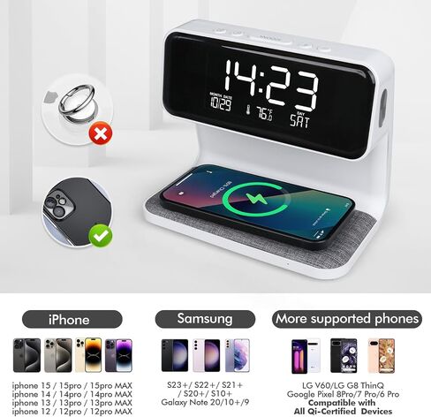 Wireless Charging Alarm Clock 15W Max for Heavy Sleepers Digital Clock with Date and Temperature Night Light Desk Clock with Phone Charger Electronic LED Display for Office Bedroom Livingroom in Saudi Arabia