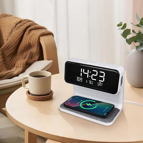 Wireless Charging Alarm Clock 15W Max for Heavy Sleepers Digital Clock with Date and Temperature Night Light Desk Clock with Phone Charger Electronic LED Display for Office Bedroom Livingroom in Saudi Arabia