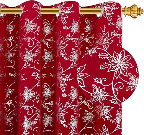 ستائر عيد الميلاد من فراميكس لغرفة المعيشة، ستائر تعتيم البونسيتة مطبوعة برقائق ذهبية لغرفة النوم، ستائر وستائر نوافذ عيد الميلاد، ستائر زهرية حمراء جروميت بطول 84 بوصة، مجموعة لوحتين in Kuwait