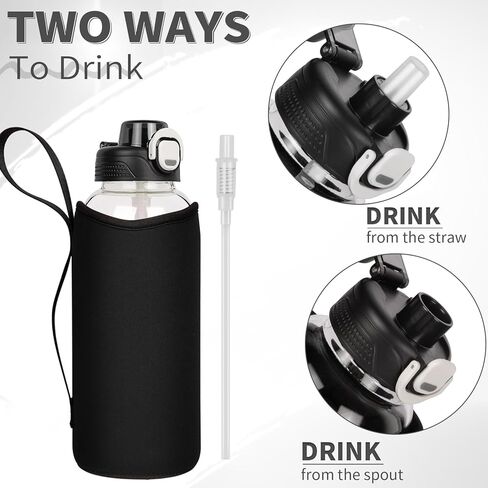 32 oz Sports Glass Water Bottle with Straw & Neoprene Sleeve BPA free Glass Drinking Bottle for Gym, Travel, Smoothie in Kuwait