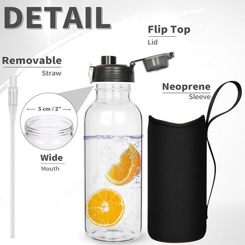 32 oz Sports Glass Water Bottle with Straw & Neoprene Sleeve BPA free Glass Drinking Bottle for Gym, Travel, Smoothie in Kuwait