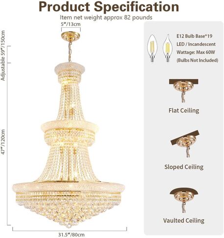 Large Gold Crystal Chandelier Light - Diameter 31.5", 3 Layers Ceiling Haning Chandeliers, Pendant Lighting for Living Room, Dining Room, Foyer in Kuwait