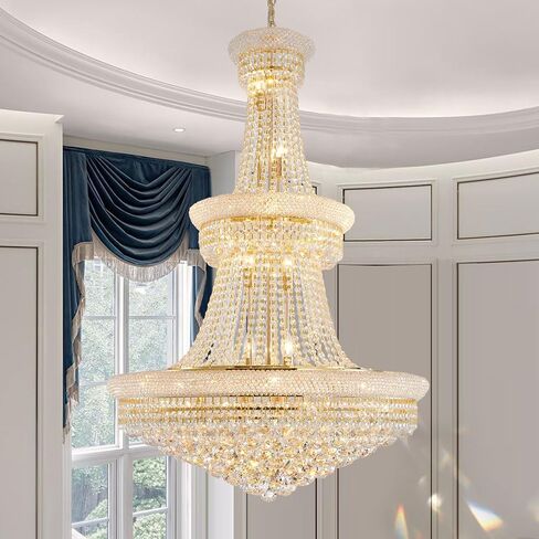 Large Gold Crystal Chandelier Light - Diameter 31.5", 3 Layers Ceiling Haning Chandeliers, Pendant Lighting for Living Room, Dining Room, Foyer in Kuwait