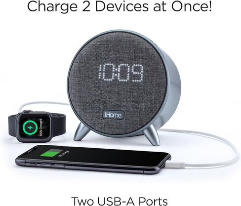 ساعة منبه بلوتوث من آي هوم مع شحن USB وإضاءة ليلية محيطة، ساعة منبه رقمية لغرفة النوم أو المكتب المنزلي أو النوم (IBT235V2G - رمادي) in Saudi Arabia