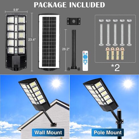 ZJOJO 3800W Solar Street Light Outdoor Waterproof, 30000LM 1160 LEDs Solar Lights for Outside Dusk to Dawn, 9000K LED Parking Lot Light Solar Powered Flood Lights with Motion Sensor (2 Pack) in Saudi Arabia
