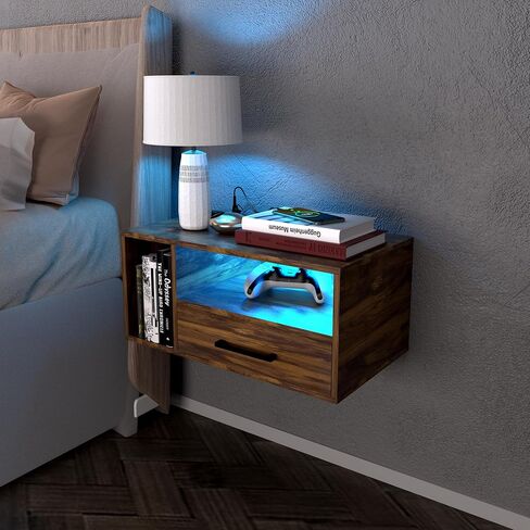 Floating Nightstand with Charging Station and LED Light Strips, 21.3" Night Stand with Drawers, Floating Bedside with USB Ports and Outlets, Bedroom Furniture in Saudi Arabia