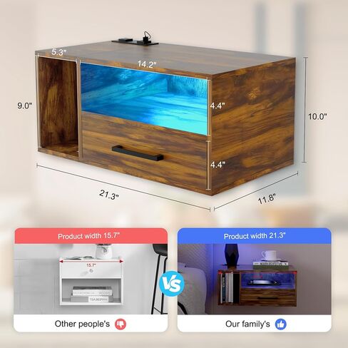 Floating Nightstand with Charging Station and LED Light Strips, 21.3" Night Stand with Drawers, Floating Bedside with USB Ports and Outlets, Bedroom Furniture in Saudi Arabia