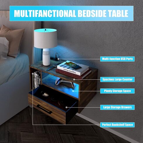 Floating Nightstand with Charging Station and LED Light Strips, 21.3" Night Stand with Drawers, Floating Bedside with USB Ports and Outlets, Bedroom Furniture in Saudi Arabia