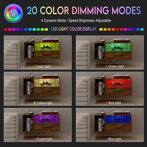 Floating Nightstand with Charging Station and LED Light Strips, 21.3" Night Stand with Drawers, Floating Bedside with USB Ports and Outlets, Bedroom Furniture in Saudi Arabia