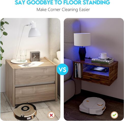 Floating Nightstand with Charging Station and LED Light Strips, 21.3" Night Stand with Drawers, Floating Bedside with USB Ports and Outlets, Bedroom Furniture in Saudi Arabia