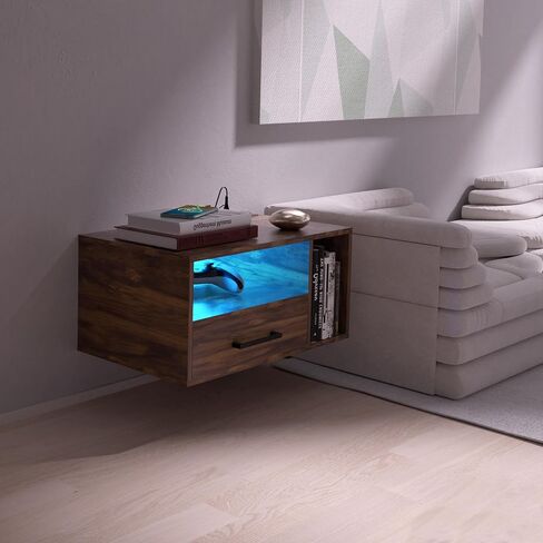 Floating Nightstand with Charging Station and LED Light Strips, 21.3" Night Stand with Drawers, Floating Bedside with USB Ports and Outlets, Bedroom Furniture in Saudi Arabia