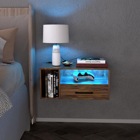 Floating Nightstand with Charging Station and LED Light Strips, 21.3" Night Stand with Drawers, Floating Bedside with USB Ports and Outlets, Bedroom Furniture in Saudi Arabia
