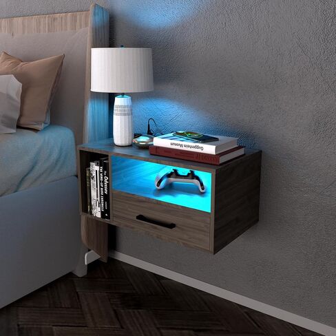 Floating Nightstand with Charging Station and LED Light Strips, 21.3" Night Stand with Drawers, Floating Bedside with USB Ports and Outlets, Bedroom Furniture in Saudi Arabia