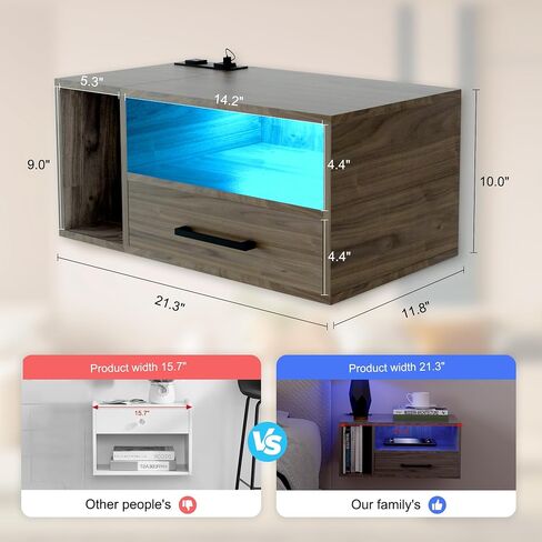 Floating Nightstand with Charging Station and LED Light Strips, 21.3" Night Stand with Drawers, Floating Bedside with USB Ports and Outlets, Bedroom Furniture in Saudi Arabia