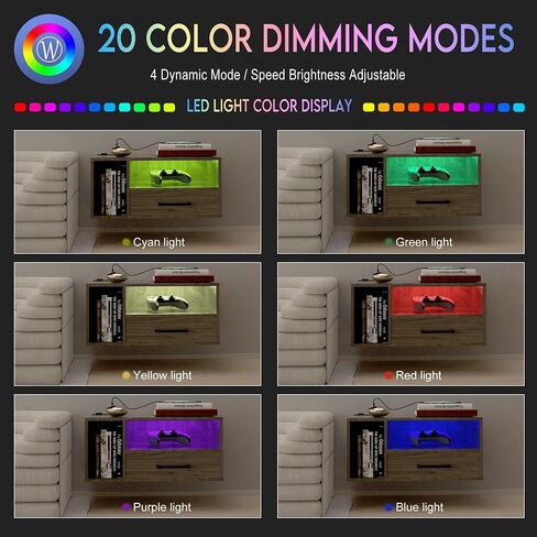 Floating Nightstand with Charging Station and LED Light Strips, 21.3" Night Stand with Drawers, Floating Bedside with USB Ports and Outlets, Bedroom Furniture in Saudi Arabia