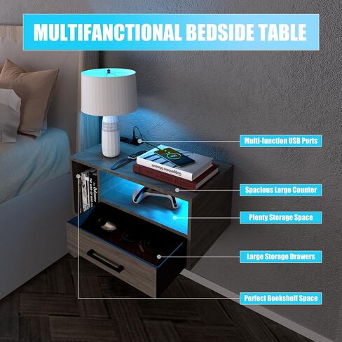 Floating Nightstand with Charging Station and LED Light Strips, 21.3" Night Stand with Drawers, Floating Bedside with USB Ports and Outlets, Bedroom Furniture in Saudi Arabia