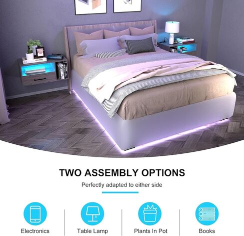 Floating Nightstand with Charging Station and LED Light Strips, 21.3" Night Stand with Drawers, Floating Bedside with USB Ports and Outlets, Bedroom Furniture in Saudi Arabia