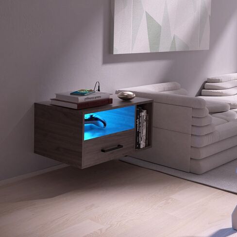 Floating Nightstand with Charging Station and LED Light Strips, 21.3" Night Stand with Drawers, Floating Bedside with USB Ports and Outlets, Bedroom Furniture in Saudi Arabia