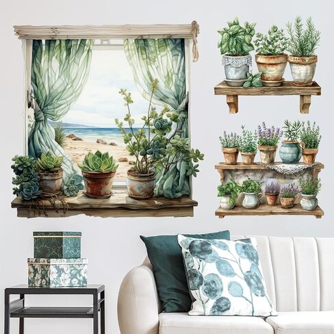 3D Potted Plant Fake Windows Wall Decals Green Plants Succulent Wall Stickers Lavender Flowers Grass Wall Art Vinyl Removable Peel and Stick Wallpaper for Kids Nursery Kitchen Home Decoration in Kuwait