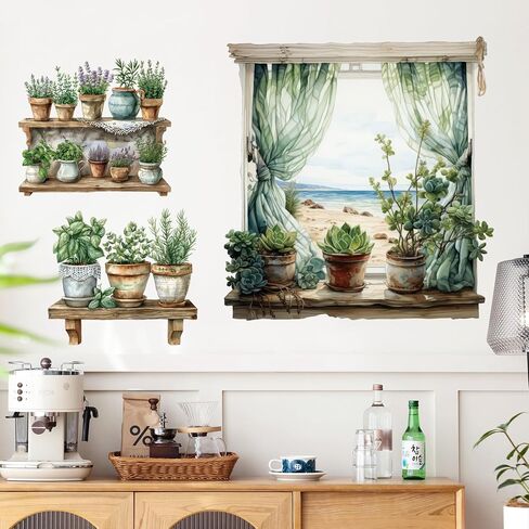 3D Potted Plant Fake Windows Wall Decals Green Plants Succulent Wall Stickers Lavender Flowers Grass Wall Art Vinyl Removable Peel and Stick Wallpaper for Kids Nursery Kitchen Home Decoration in Kuwait