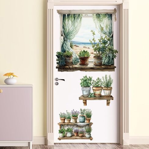 3D Potted Plant Fake Windows Wall Decals Green Plants Succulent Wall Stickers Lavender Flowers Grass Wall Art Vinyl Removable Peel and Stick Wallpaper for Kids Nursery Kitchen Home Decoration in Kuwait