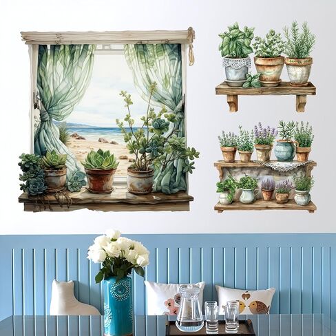 3D Potted Plant Fake Windows Wall Decals Green Plants Succulent Wall Stickers Lavender Flowers Grass Wall Art Vinyl Removable Peel and Stick Wallpaper for Kids Nursery Kitchen Home Decoration in Kuwait