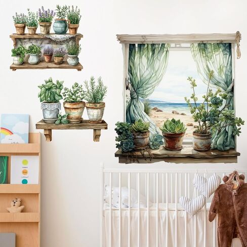 3D Potted Plant Fake Windows Wall Decals Green Plants Succulent Wall Stickers Lavender Flowers Grass Wall Art Vinyl Removable Peel and Stick Wallpaper for Kids Nursery Kitchen Home Decoration in Kuwait