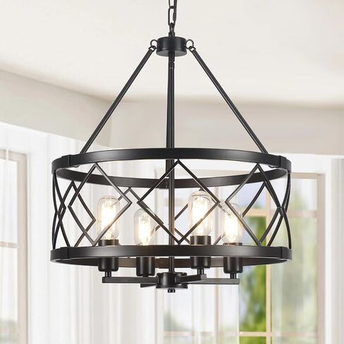 Farmhouse Chandelier Modern 4 Light Black Chandeliers for Dining Room 17.71’’ Inch Rustic Vintage Hanging Drum Pendant Light for Foyer Entryway Kitchen Living Room in Kuwait