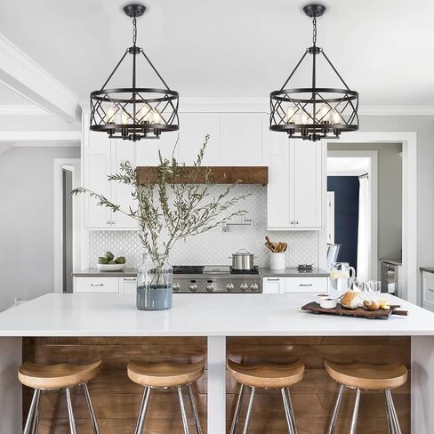 Farmhouse Chandelier Modern 4 Light Black Chandeliers for Dining Room 17.71’’ Inch Rustic Vintage Hanging Drum Pendant Light for Foyer Entryway Kitchen Living Room in Kuwait