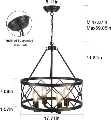 Farmhouse Chandelier Modern 4 Light Black Chandeliers for Dining Room 17.71’’ Inch Rustic Vintage Hanging Drum Pendant Light for Foyer Entryway Kitchen Living Room in Kuwait