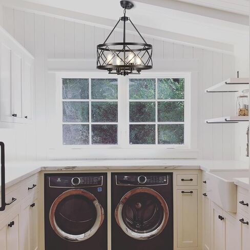 Farmhouse Chandelier Modern 4 Light Black Chandeliers for Dining Room 17.71’’ Inch Rustic Vintage Hanging Drum Pendant Light for Foyer Entryway Kitchen Living Room in Kuwait