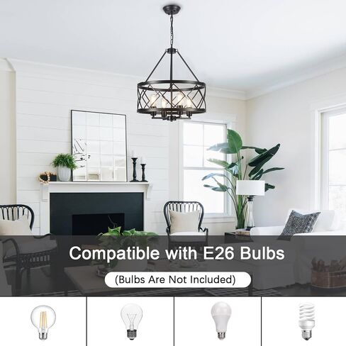 Farmhouse Chandelier Modern 4 Light Black Chandeliers for Dining Room 17.71’’ Inch Rustic Vintage Hanging Drum Pendant Light for Foyer Entryway Kitchen Living Room in Kuwait