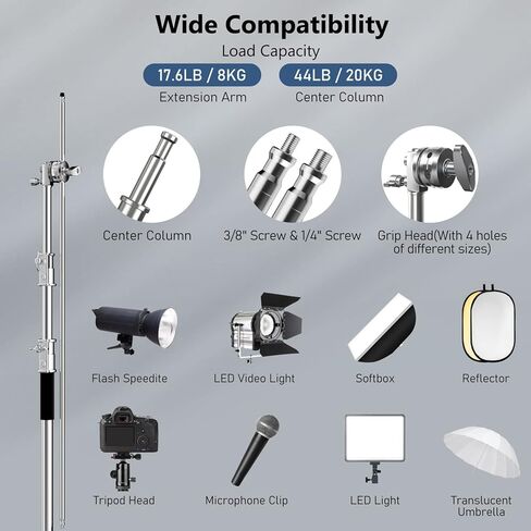 Photography C Stand with Boom Arm: 100% Stainless Steel - Takerers BS10 Heavy Duty Max Height 10.5ft/131inch Light Stands (1 Pack) with 4.2ft/50inch Holding Arm, 2 Grip Head, 2 Sandbag in Kuwait