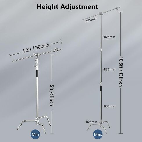 Photography C Stand with Boom Arm: 100% Stainless Steel - Takerers BS10 Heavy Duty Max Height 10.5ft/131inch Light Stands (1 Pack) with 4.2ft/50inch Holding Arm, 2 Grip Head, 2 Sandbag in Kuwait