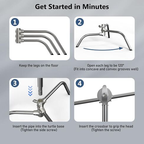 Photography C Stand with Boom Arm: 100% Stainless Steel - Takerers BS10 Heavy Duty Max Height 10.5ft/131inch Light Stands (1 Pack) with 4.2ft/50inch Holding Arm, 2 Grip Head, 2 Sandbag in Kuwait