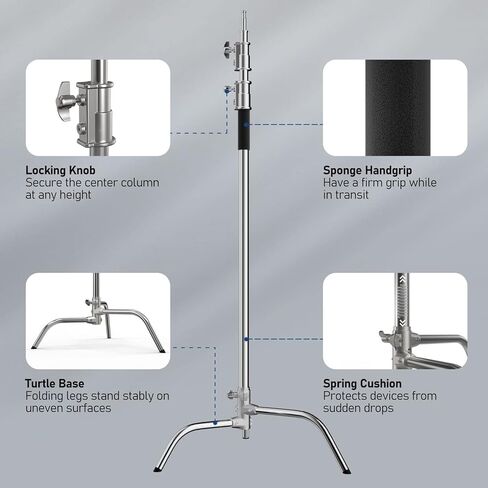 Photography C Stand with Boom Arm: 100% Stainless Steel - Takerers BS10 Heavy Duty Max Height 10.5ft/131inch Light Stands (1 Pack) with 4.2ft/50inch Holding Arm, 2 Grip Head, 2 Sandbag in Kuwait