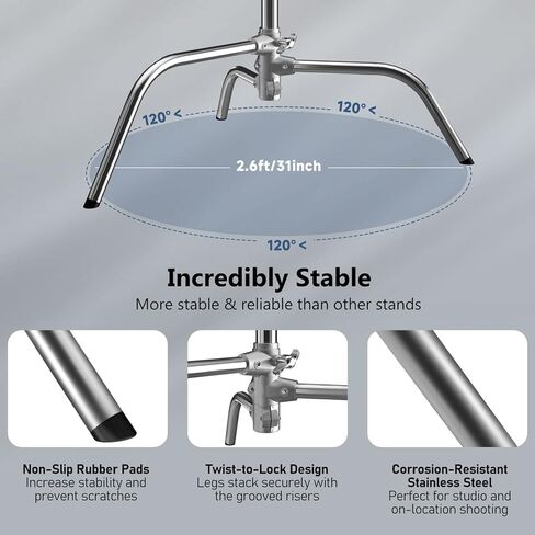 Photography C Stand with Boom Arm: 100% Stainless Steel - Takerers BS10 Heavy Duty Max Height 10.5ft/131inch Light Stands (1 Pack) with 4.2ft/50inch Holding Arm, 2 Grip Head, 2 Sandbag in Kuwait