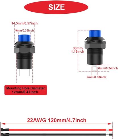 18 قطعة مفتاح مؤقت 12 مم أبيض زر ضغط AC 250V / 1.5A 125V/3A بدون LED ON OFF Switch 2Positions Micro Round Switch 12V24V36V مع أسلاك سلكية مسبقًا لجرس باب السيارة والقارب المنزلي in Kuwait