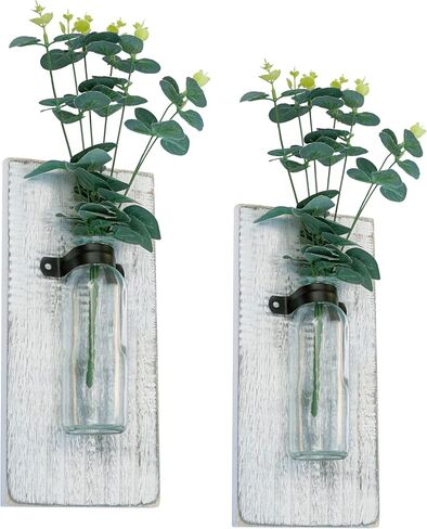 2 Pack Wood Glass Wall Vases and Plants Artificial, Indoor Wood Hanging Vase, Modern Farmhouse Wall Decor for Bathroom Office and Living Room, Farmhouse Sconces Wall Decor (White) in Saudi Arabia