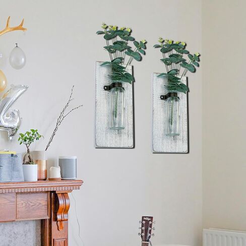 2 Pack Wood Glass Wall Vases and Plants Artificial, Indoor Wood Hanging Vase, Modern Farmhouse Wall Decor for Bathroom Office and Living Room, Farmhouse Sconces Wall Decor (White) in Saudi Arabia