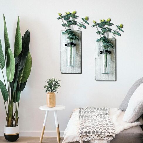 2 Pack Wood Glass Wall Vases and Plants Artificial, Indoor Wood Hanging Vase, Modern Farmhouse Wall Decor for Bathroom Office and Living Room, Farmhouse Sconces Wall Decor (White) in Saudi Arabia