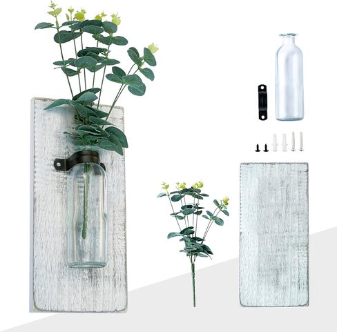 2 Pack Wood Glass Wall Vases and Plants Artificial, Indoor Wood Hanging Vase, Modern Farmhouse Wall Decor for Bathroom Office and Living Room, Farmhouse Sconces Wall Decor (White) in Saudi Arabia