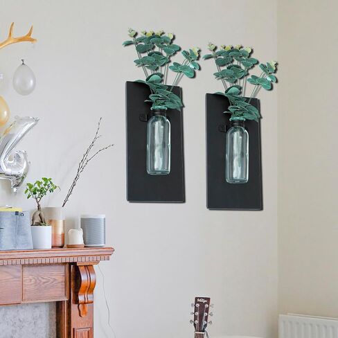 2 Pack Wood Glass Wall Vases and Plants Artificial, Indoor Wood Hanging Vase, Modern Farmhouse Wall Decor for Bathroom Office and Living Room, Farmhouse Sconces Wall Decor (White) in Saudi Arabia