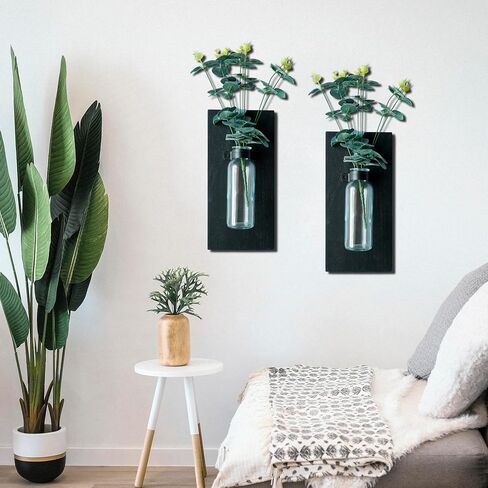 2 Pack Wood Glass Wall Vases and Plants Artificial, Indoor Wood Hanging Vase, Modern Farmhouse Wall Decor for Bathroom Office and Living Room, Farmhouse Sconces Wall Decor (White) in Saudi Arabia