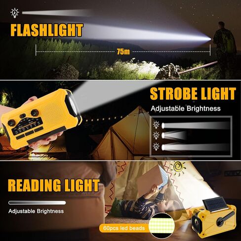 10000mAh Emergency Hand Crank Radio with LED Flashlight, AM/FM NOAA Portable Weather Alert Radio, Solar Powered Radio with Phone Charger, USB Charged, Headphone Jack, SOS Alarm, Compass for Outdoors in Kuwait